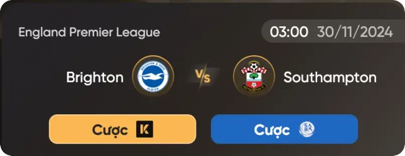 tỷ lệ kèo brighton - southampton